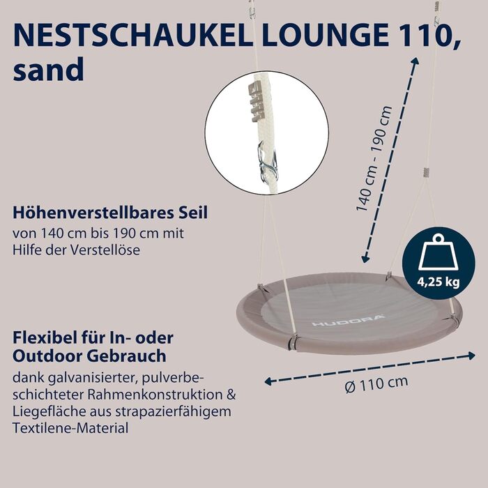 Шоукель HUDORA Nestschaukel Lounge - регульована висота, діаметр 90/110 см, до 150 кг, закрита сидіння, сімейна, для дому та вулиці, пісочний колір, 110 см, одномісна