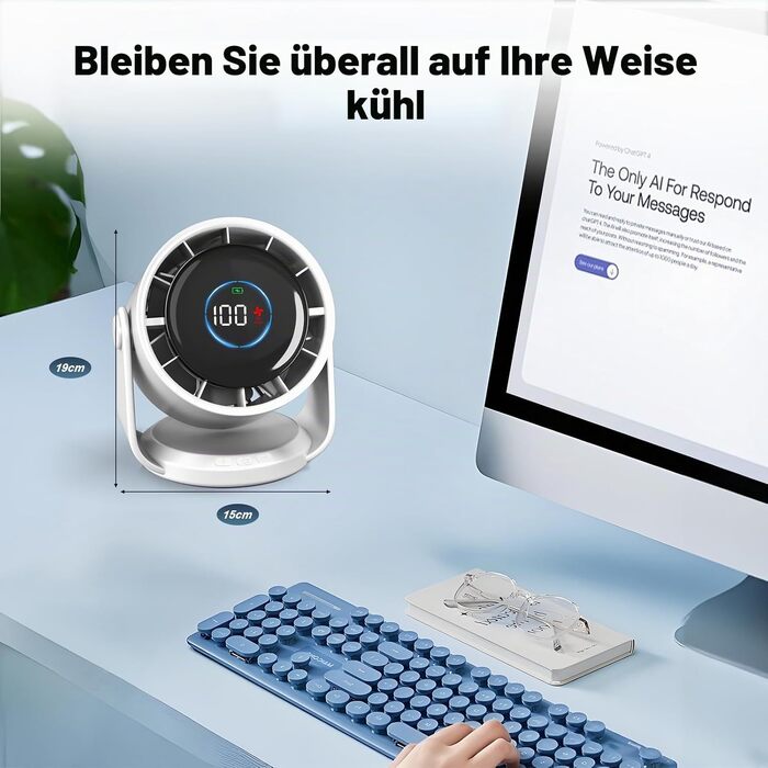 Вентилятор настільний Rintea акумуляторний USB, 10 швидкостей з пам'яттю, LED-дисплей, поворотний 105°, підвісний, для спальні, офісу, кухні, кемпінгу (білий)