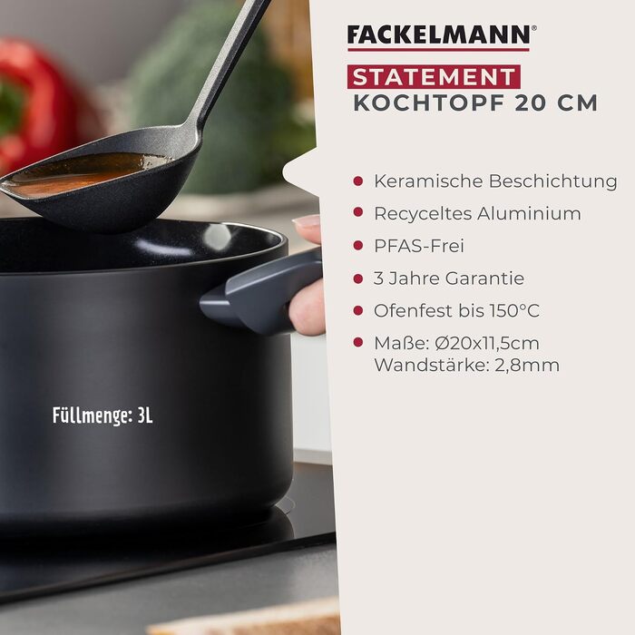Каструля з кришкою Fackelmann Statement 20 см, керамічне антипригарне покриття, 3 л, для всіх типів плит (включаючи індукцію), PFAS-free
