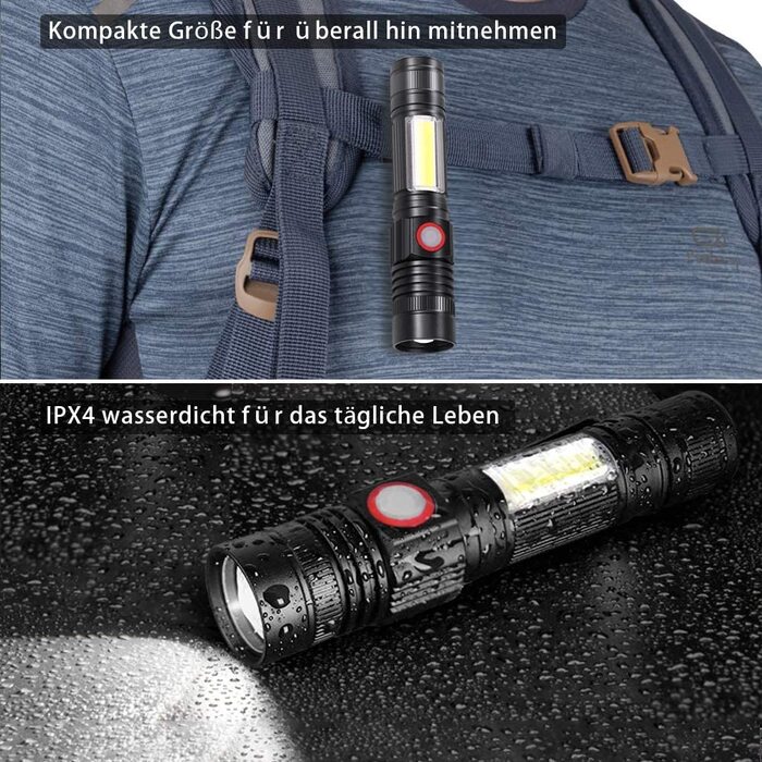 LED ліхтар Karrong 3000 люмен з магнітом, USB-зарядка, водонепроникний, з COB боковим світлом, 4 режими, для кемпінгу, туризму, 2 шт, чорний
