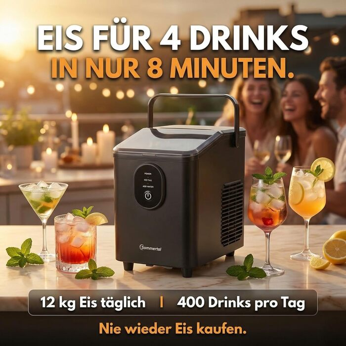 Sommertal EM12S Льодогенератор 12 кг/24 год: Машина для льоду з ручкою, швидке виробництво кулеподібного льоду (0,3 кг за 20 хв), тиха робота (50 дБ) для кухні, офісу та вечірок