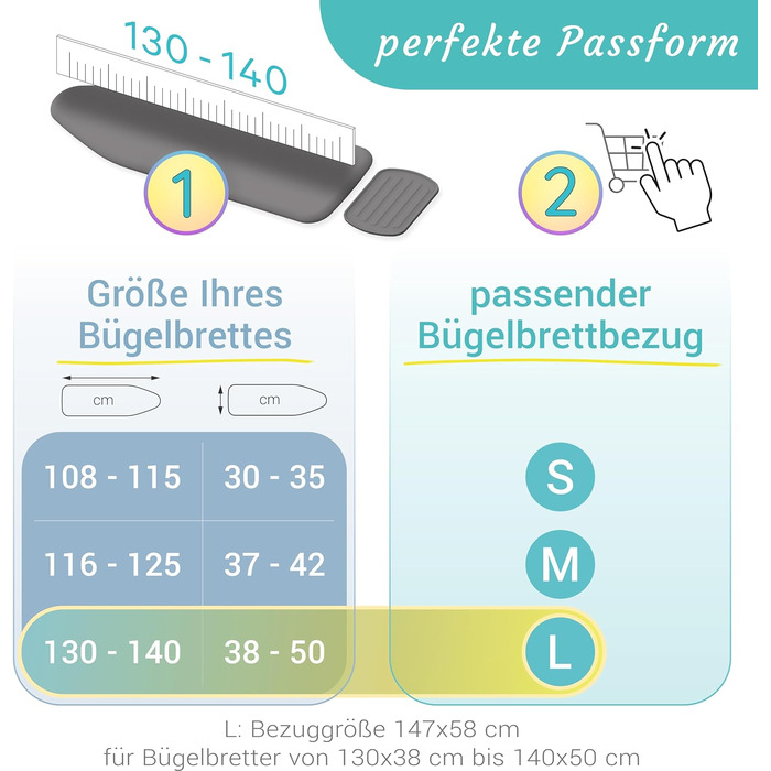 Чохол для прасувальної дошки Timbley Komfort, OEKOTEX 100, розмір L (130-140 x 38-50 см), для парових прасок, бірюзово-сірий, німецький бренд