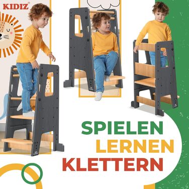 Дитяча помічниця-підставка KIDIZ Montessori з навчальним годинником, регульована висота (3 рівні), сосна, антрацит, до 50 кг