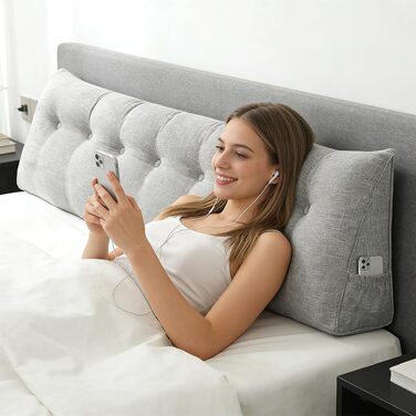 Подушка трикутна для спини OHMG 200x50x20 см світло-сіра з кишенею, для ліжка та дивана, знімний чохол