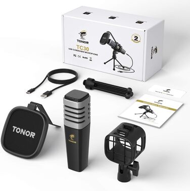 USB конденсаторний мікрофон TONOR TC30 з підставкою, поп-фільтром та павуком, кардіоїдна діаграма, для стрімінгу, подкастів, озвучування, сумісний з ПК, ноутбуком