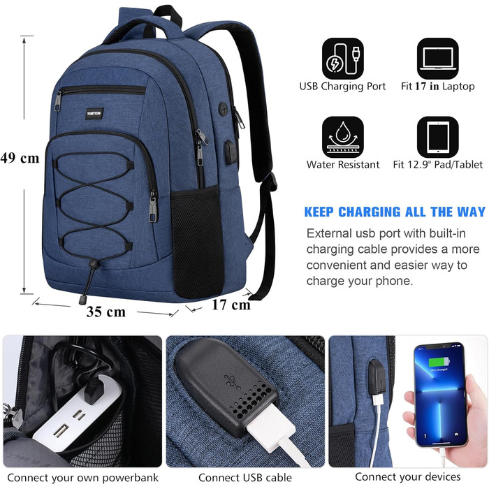 Рюкзак YAMTION для ноутбука 17.3'' з USB, шкільний, для студентів і роботи, синій