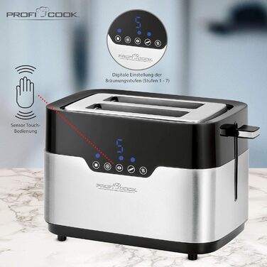 Тостер ProfiCook PC-TA 1170 з сенсорним управлінням, 2 скибки, підігрів булочок, 7 ступенів підсмажування, нержавіюча сталь, чорний