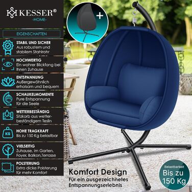Підвісне крісло-гойдалка KESSER Luxe з каркасом, м'якою подушкою та захистом від погоди, для дому і саду, бічні та спинні подушки, стабільна основа, навантаження до 150 кг, синє