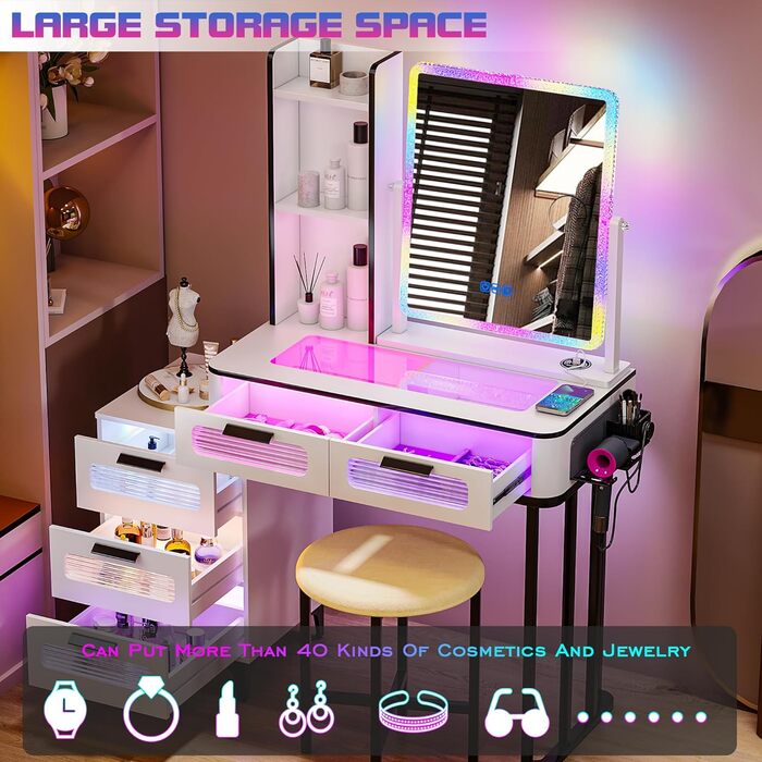 Туалетний столик Lvifur з RGB підсвіткою, бездротовою зарядкою та USB, сім кольорів, спальня, з м'яким пуфом, 5 шухляд, сірий