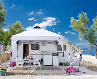 Павільйон ABCCANOPY 3x3 м водонепроникний, для фестивалів і відпочинку на вулиці, з сонцезахистом, білий, без бокових стінок, комплект: роликовий чохол, 4 вагові сумки, 4 мотузки, 4 кілки