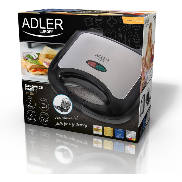 Сендвічниця ADLER AD 3015, пластик, чорна/сіра