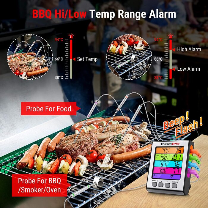 Цифровий термометр для гриля та духовки ThermoPro TP17H з 4 зондами з нержавіючої сталі, підсвічуванням та температурним діапазоном до 300°C