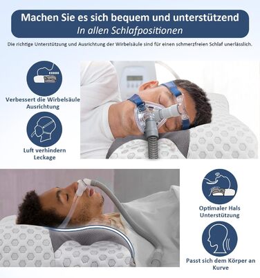 Подушка Hydomi CPAP з ефектом пам'яті для бокового сну, зменшує тиск і витоки повітря маски, ортопедична для апное сну, підтримка шиї для спини, бокового та шлункового сну, розмір King (64x38x10,5 см)