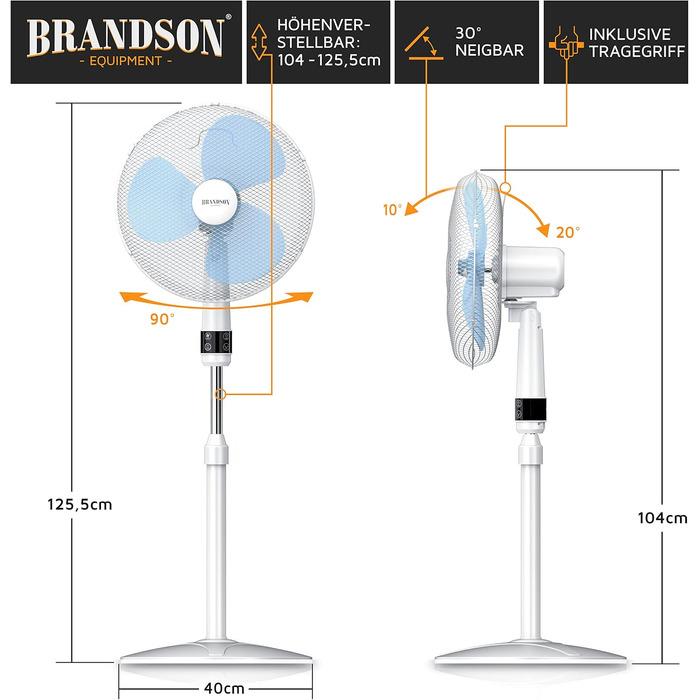 Вентилятор підлоговий Brandson 40 см, срібно-чорний, з пультом, 3 швидкості, коливання 80°, високий потік повітря