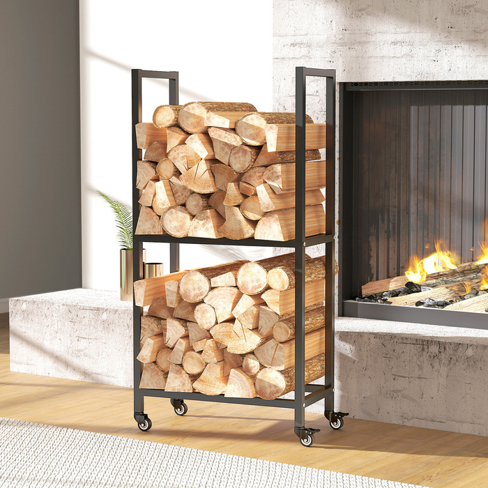 Стильна полиця для дров Outsunny з металу, 60 x 30 x 119 см, 2 яруси, з колесами, чорного кольору
