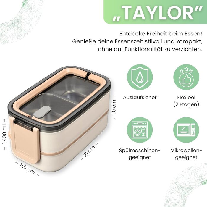 FRADABOX® Ланчбокс Bento 'Taylor', 2-ярусний з відділеннями, преміум нержавіюча сталь, BPA-free, контейнер для їжі з прибором, герметичний, для дорослих, підходить для мікрохвильовки, ідеальний для подорожей та Meal Prep