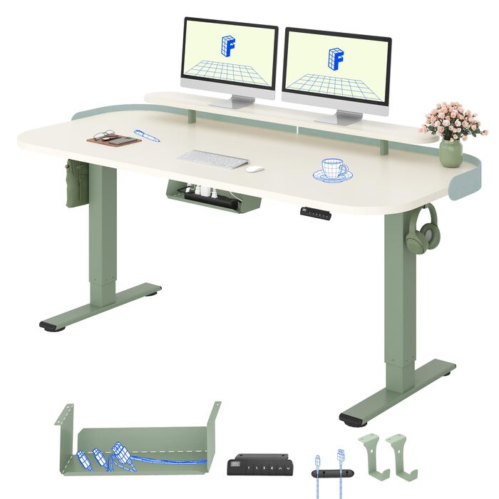 Електричний регульований стіл FLEXISPOT з двома двигунами, 160x80 см, зелено-білий, з пам'яттю та кабельною системою