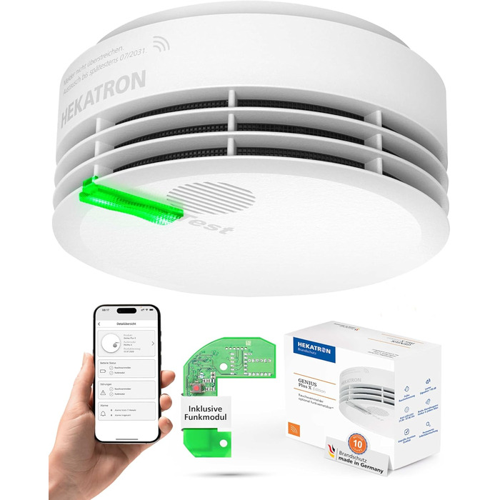 Hekatron Genius Plus: Детектор диму з 10-річним терміном служби батареї, переможець Stiftung Warentest, Made in Germany, з клейкою підкладкою, з підтримкою додатку, багатомовний, 1 шт. (радіодетектор диму з радіомодулем)