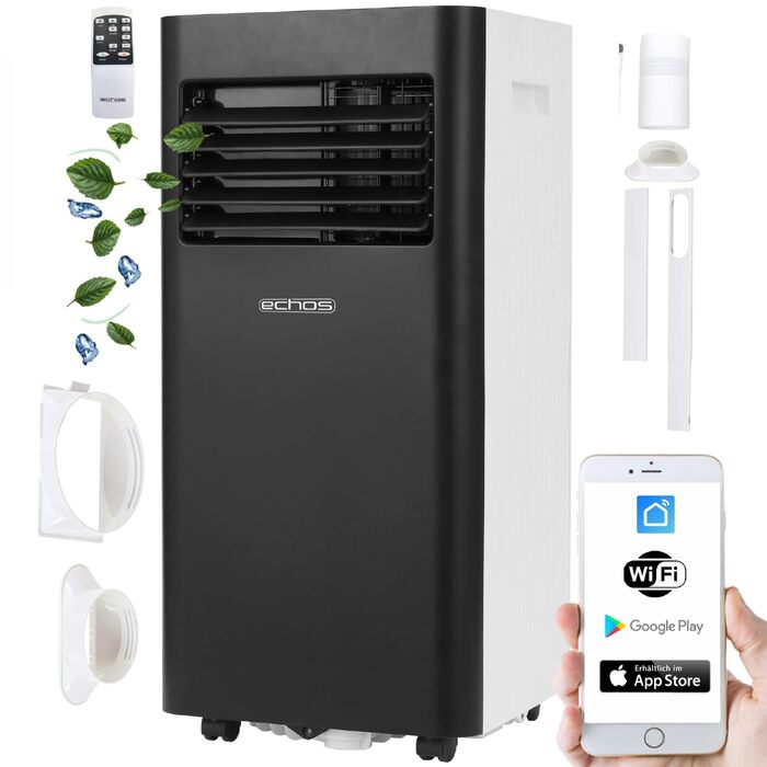 Мобільний кондиціонер Echos 3-в-1 з Wi-Fi, 9000 BTU, таймер 24 год, пульт, для кімнати, з відвідною трубою