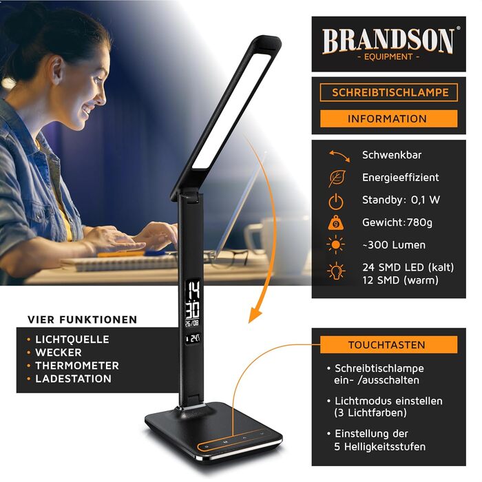 Настільна лампа Brandson LED з димером, 3 кольори світла, 5 рівнів яскравості, USB зарядка, шкіряний дизайн, захист для очей, денне світло