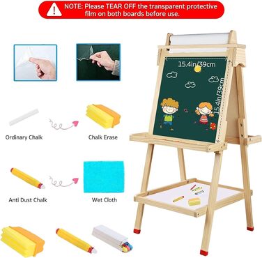 Дитячий двосторонній мольберт із рулоном паперу, whiteboard та грифельною дошкою, дерев'яний, регульований за висотою, бронзовий