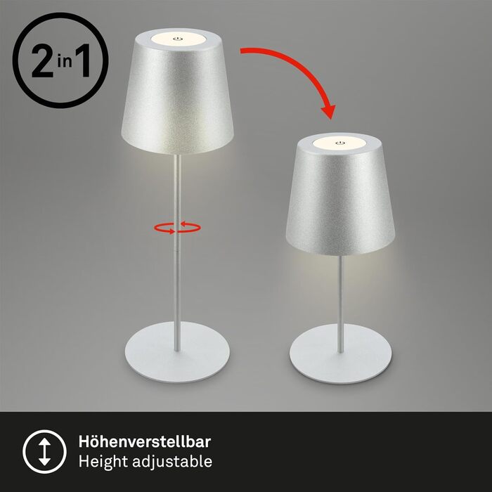 BRILONER LED бездротова настільна лампа з диммером, сенсорним керуванням, регульована по висоті, акумуляторна, нічник, лампа для читання, кемпінгу, столу, для дому та вулиці, срібляста, 36x10,5 см