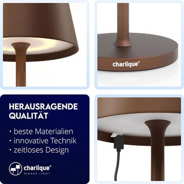 Світильник charlique® LED акумуляторний настільний міні (коричневий), 28 см – бездротова лампа з USB, тепле світло, для дому та вулиці, водостійка для балкона, тераси й саду