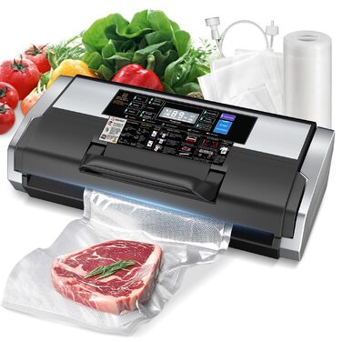 Вакууматор MZROT для продуктів харчування, -95кПа, 230Вт, з подвійним швом, 10 режимів (сухий/вологий), вбудованим різаком, чорно-сріблястий (в комплекті рулон та 15 пакетів)