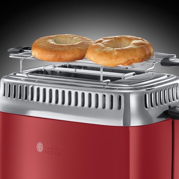 Тостер Russell Hobbs Retro 21680-56, нержавіюча сталь, червоний, 2 тости, 6 режимів, розморожування, підігрів