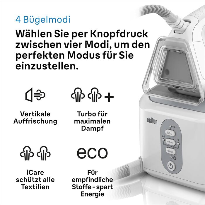 Парова станція Braun CareStyle 3 IS 3132 WH з підошвою FreeGlide 3D, тиск 6 бар, резервуар 2 л, 2400 Вт, білий/помаранчевий