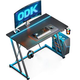 Ігровий стіл ODK 80x50 см з LED підсвіткою, чорний карбон: стіл для геймерів з тримачем для навушників та підставки для напоїв
