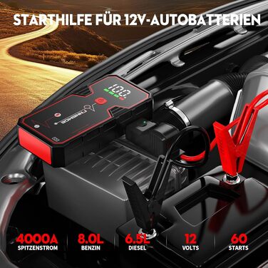 Бустер автозапуску FNNEMGE 9000A 26800mAh для бензинових та дизельних двигунів до 10.0L, пусковий пристрій Powerbank 12V з Quick Charge 3.0 та LED-ліхтарем