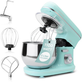 Кухонна машина Clatronic Retro 5 л, 1100 Вт, тістоміс, м'ятно-зелена, з гачком і вінчиком, з кришкою та отвором для додавання інгредієнтів, модель KM 3711