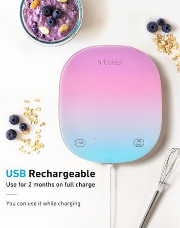 Цифрова кухонна вага Arboleaf 10 кг з додатком, підрахунком калорій, USB-зарядкою, Bluetooth, LED-дисплеєм, точність 0,5 г, із загартованого скла (кольорова)