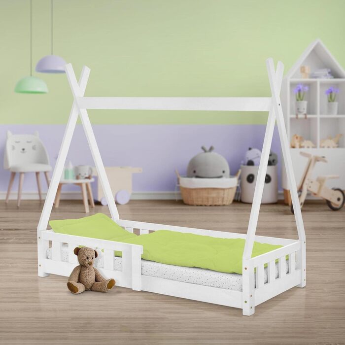 Дитяче ліжко-халапа Tipi 70x140 см біле з бортиками та ламелями, з сосни, індіанське ліжко для дівчаток та хлопчиків, будиночок-ліжко з огорожею, ліжко-халапа для дітей та підлітків, ігрове ліжко-намет