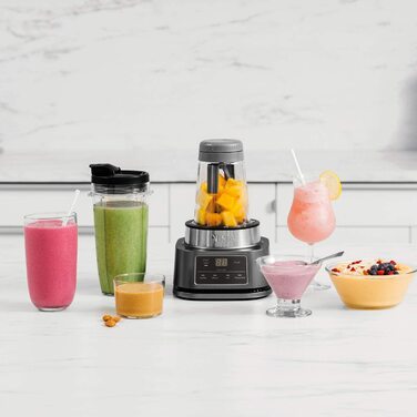 Блендер Ninja Foodi Power Nutri Mixer 2-в-1, 1100Вт, автоматичні програми, для смузі, густих сумішей і заморожених напоїв, 700 мл стакан, 400 мл чаша з потужним мішалкою, сріблястий, модель CB100EU