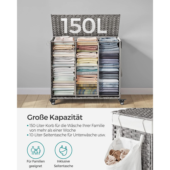 Кошик для білизни SONGMICS 160 л з кришкою, 3 секції, на колесах, знімний мішок, сіра ротанговий стиль, 70x36x66 см