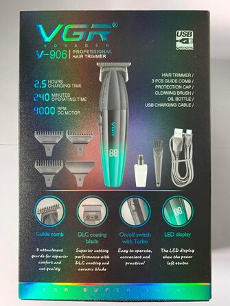 Професійна машинка для стрижки VGR 906 Fresh Fade, 9000 об/хв, бездротовий тример для бороди та волосся з DLC T-лезом, USB зарядка, зелена
