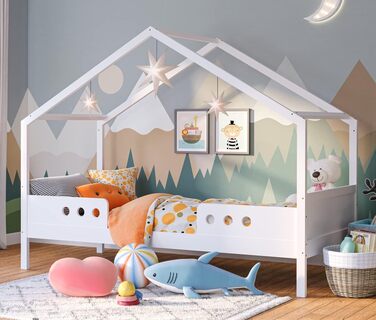 Дитяче ліжко-домік Bellabino Bela 90x200 см з бортиками, біле, з масиву сосни, для дівчаток і хлопчиків, з ламелями