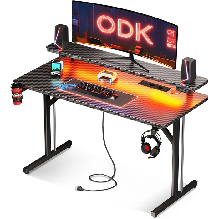 Ігровий стіл ODK 100 см з LED-підсвіткою, розетками та полицею для монітора, чорний карбон, комп'ютерний стіл для геймерів