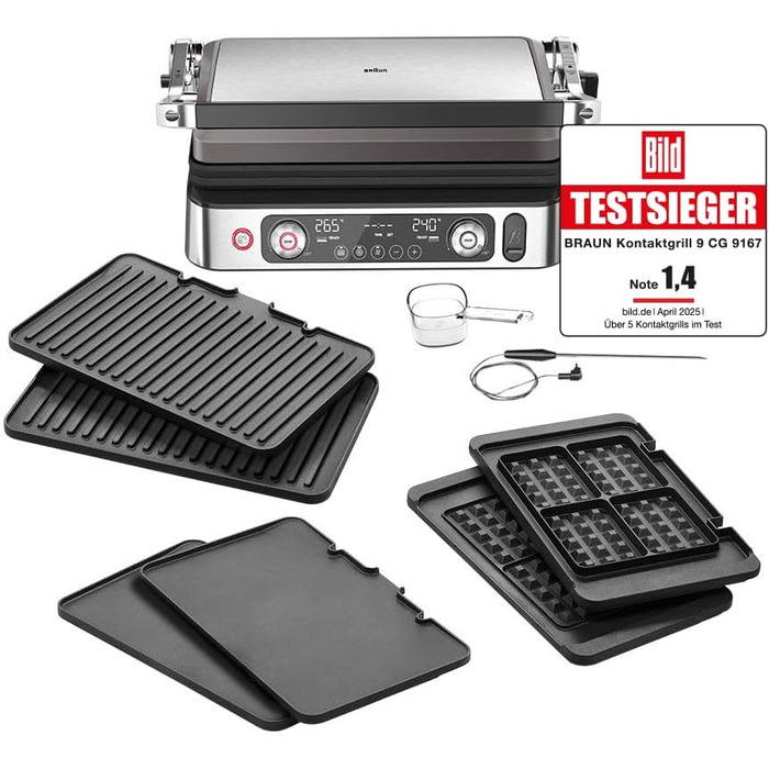Контактний гриль Braun MultiGrill 9 Pro CG 9167 з 6 наборами панелей (гриль, плоскі, вафельні), термодатчиком та функцією Boost