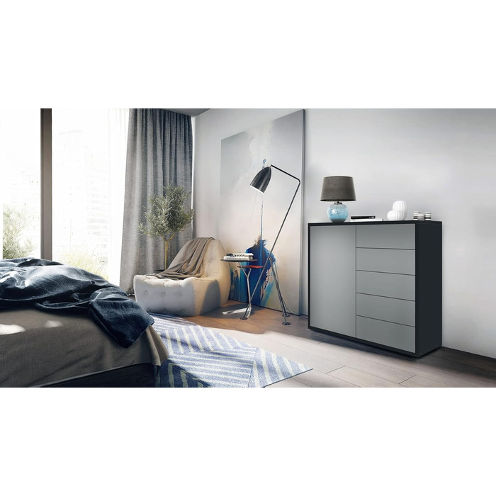 Комод Vladon Ben V2, 1 дверцята, 5 шухляд, чорний матовий/авола-антрацит, 79x74x36 см, корпус матовий, фасад авола-антрацит, вироблено в Німеччині