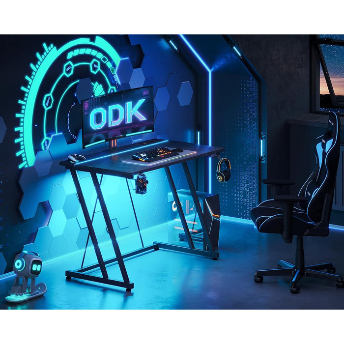 Ігровий стіл ODK 80x50 см з LED підсвіткою, чорний карбон: стіл для геймерів з тримачем для навушників та підставки для напоїв
