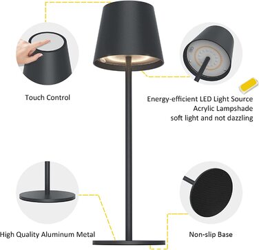 K-Bright LED акумуляторна димована настільна лампа, 2 шт, бездротова, алюміній, IP54, тепле світло 3000K+RGB, USB-C, антрацит