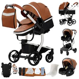 Дитяча коляска 3 в 1 PU-Leder L518 Khaki: Комфортна, багатофункціональна, з алюмінієвим шасі та комплектом (рюкзак, пеленатор)