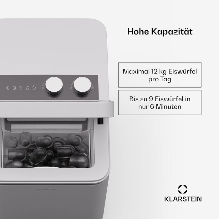 Льодогенератор Klarstein IceCraft 12 кг/24 год, швидке виробництво льоду (6 хв), 2 розміри, автоматичне очищення, для кухні та бару, 150 Вт, білий