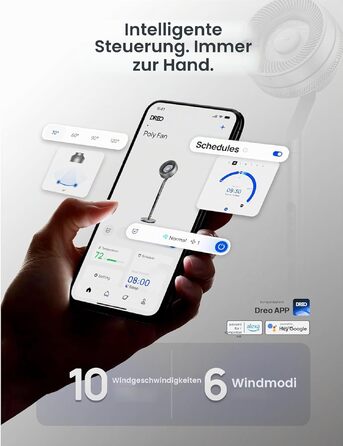 Dreo Smart вентилятор підлоговий з осциляцією 120°/85°, регульована висота 102-112 см, тихий DC вентилятор для спальні, потік повітря 30.5 м³/хв, 10 швидкостей
