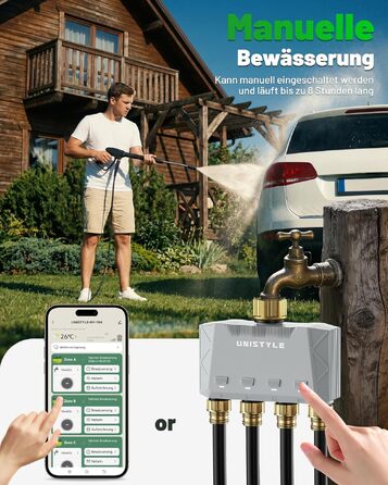 Розумний таймер для поливу GardenLife з Wi-Fi, 4 канали, керування через додаток та голосові команди, 5 програм поливу для газону та саду
