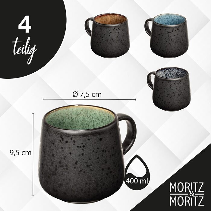 Набір з 4 чашок Moritz & Moritz SOLID - кольорові, чорний екстер'єр, з кераміки, для кави, чаю, мікрохвильова піч, безпечно мити в посудомийній машині