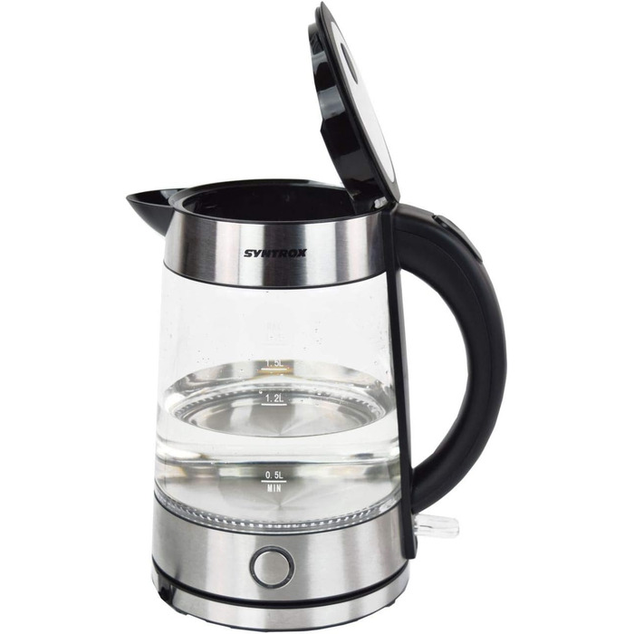 Електрочайник Syntrox Germany WK-2000W, 1.7 л, 2000 Вт, нержавіюча сталь, скляний, бездротовий, з синім LED підсвічуванням